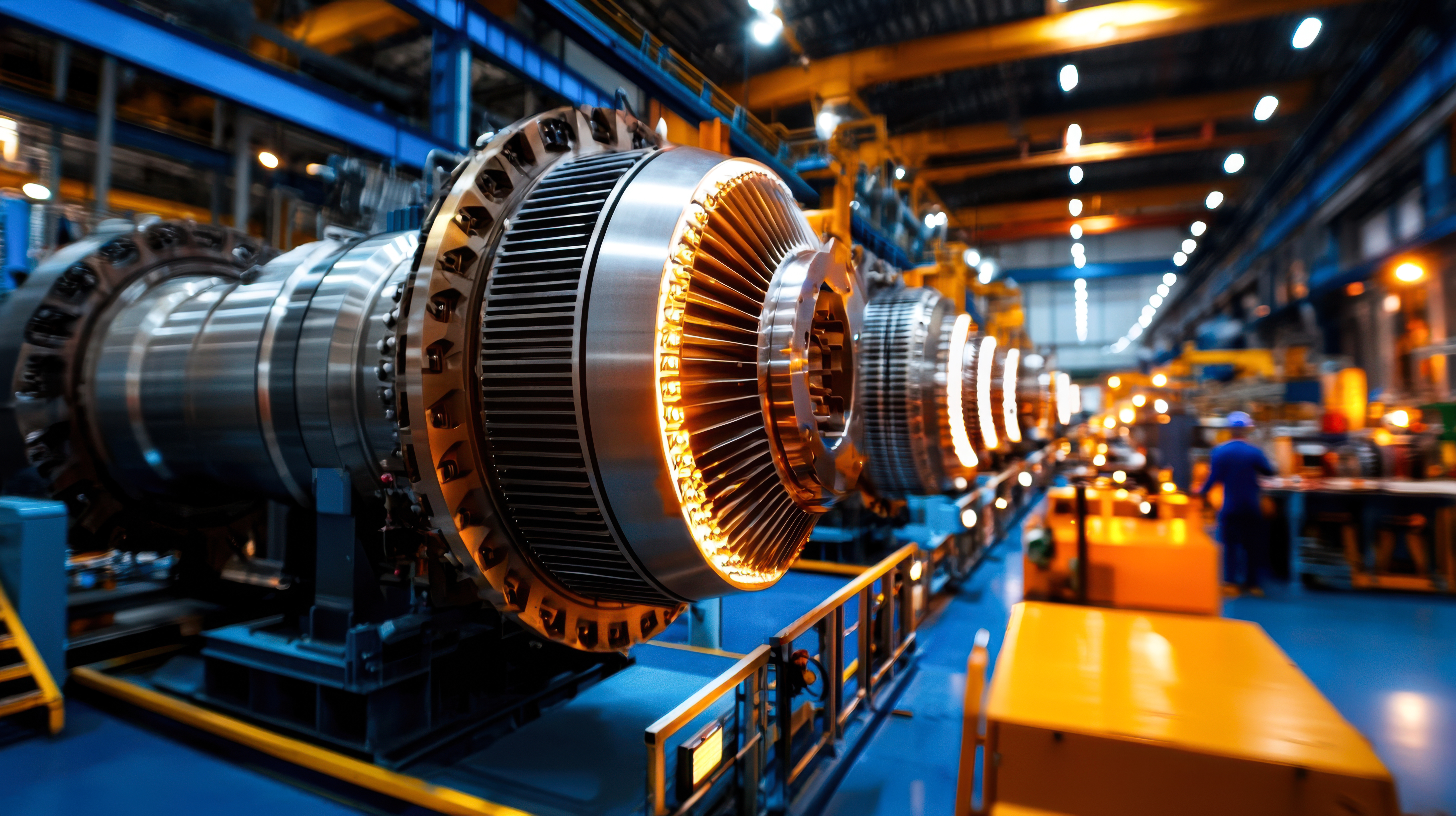 High tech gas turbine engines in modern power plant facility.