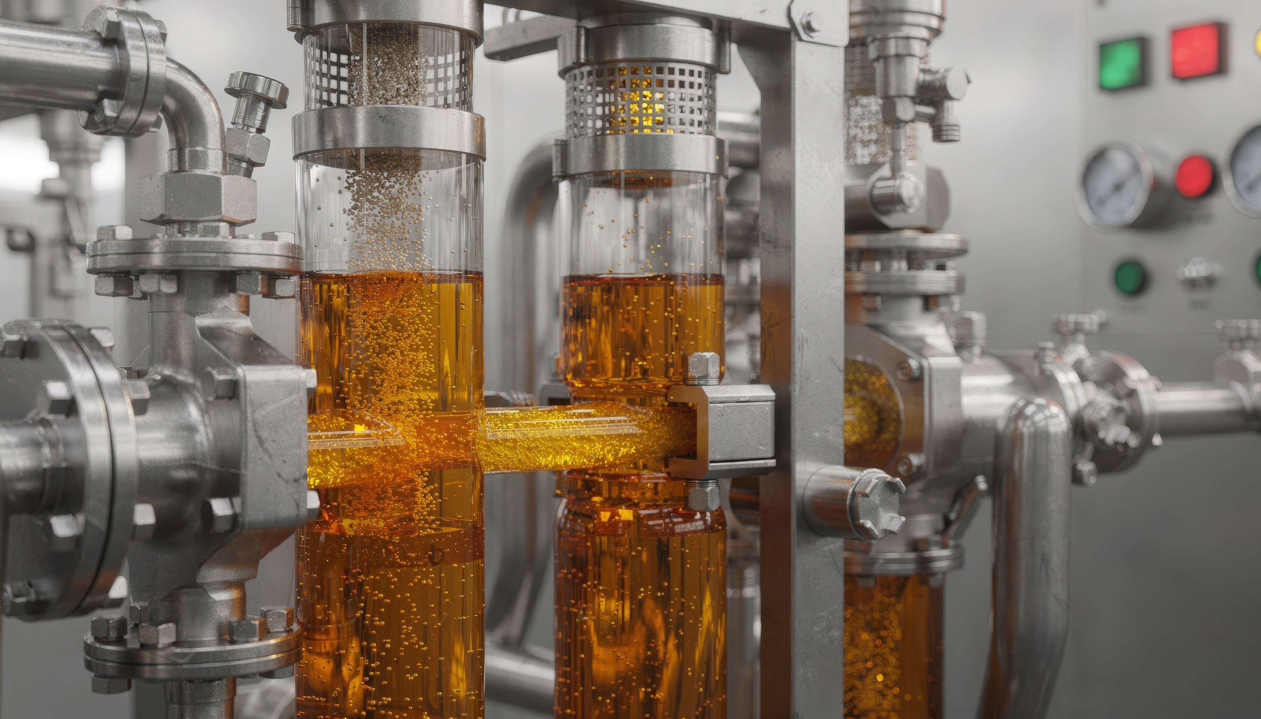 Closeup of industrial offline skid system purifying petroleum insulating oil with advanced filtration technology.